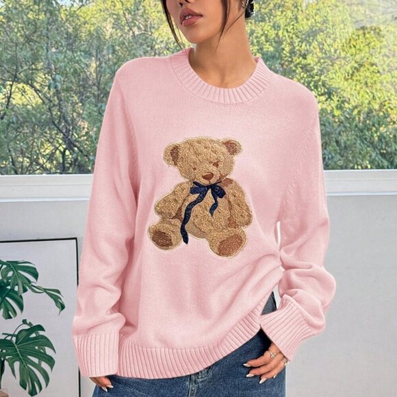 Pink Casual Women's Rib-Knit Long Sleeve Teddy Bear Embroidery Sweater - Picture 6 of 6